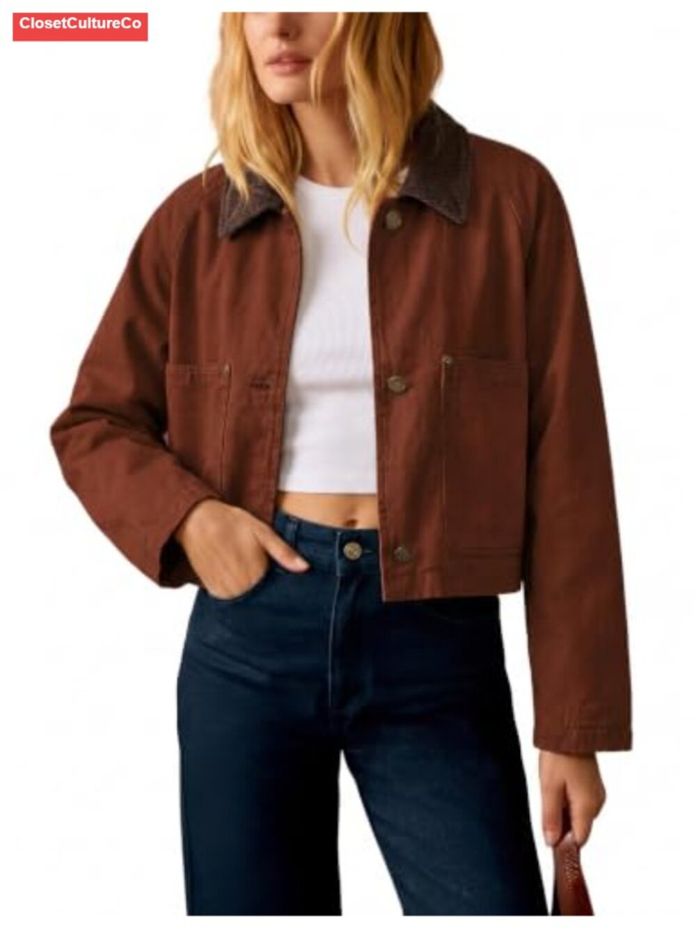Women's Cropped Barn Jacket Corduroy Collar Button Front Casual Coat